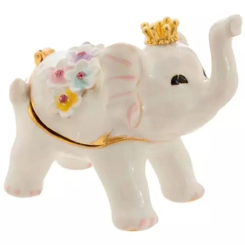 New Ceramic Elephant Trinket Box with Gold Crown and Floral Accents